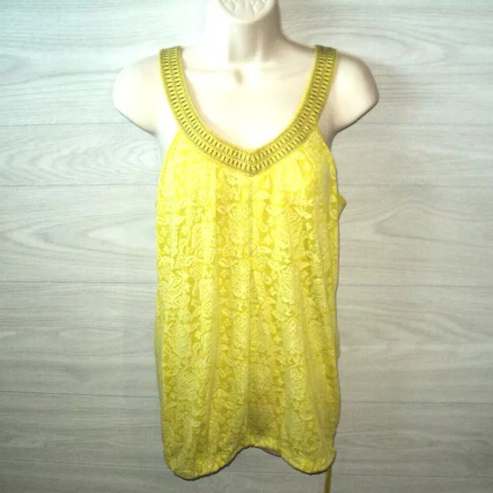 Tank Top Women's Size L Chartreuse Floral Drawstring Bottom Semi-Sheer JC Penney